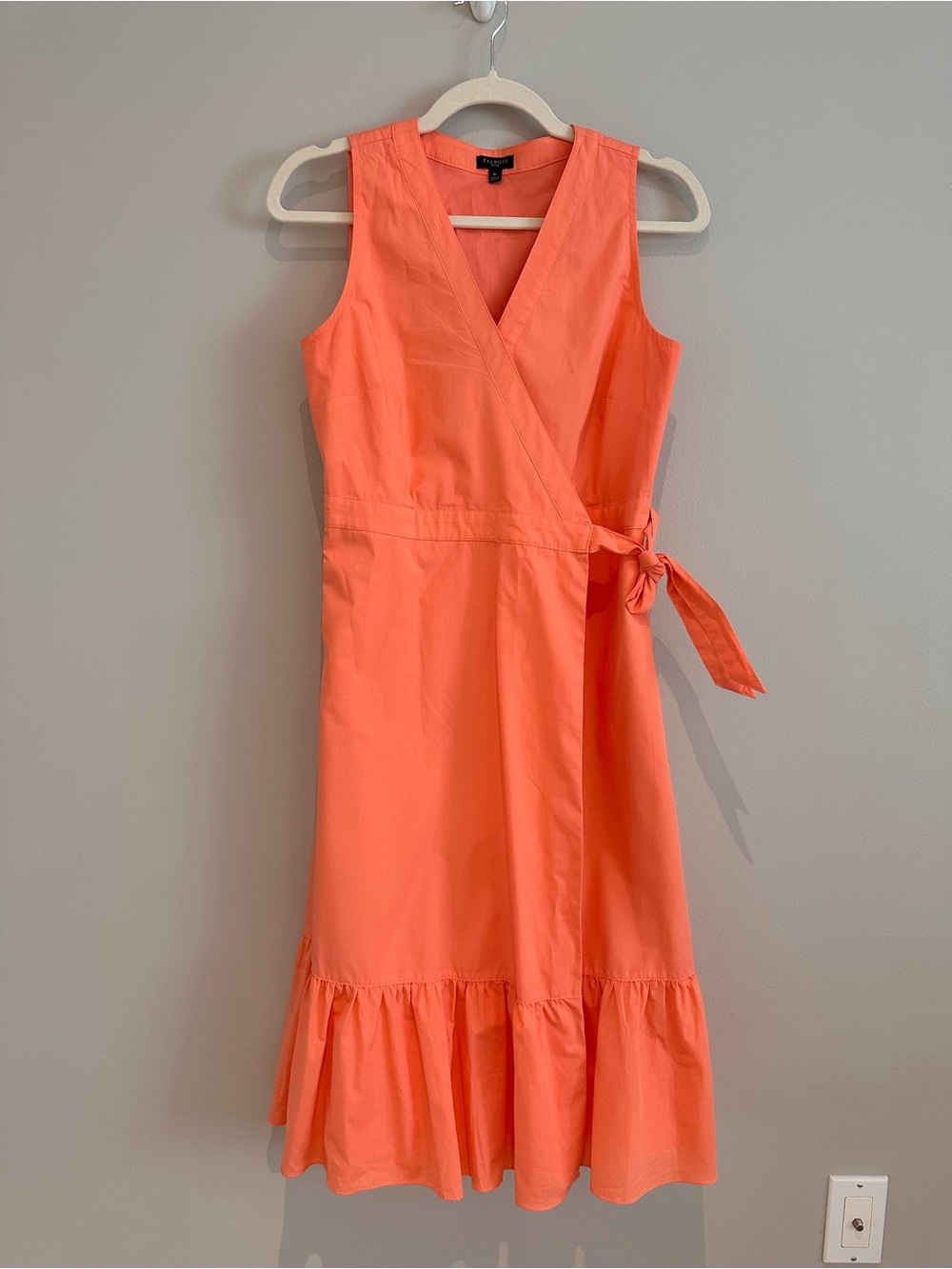 Talbots Petite Coral Orange Cotton Wrap Midi Dress Sleeveless Ruffle Hem Size 4P